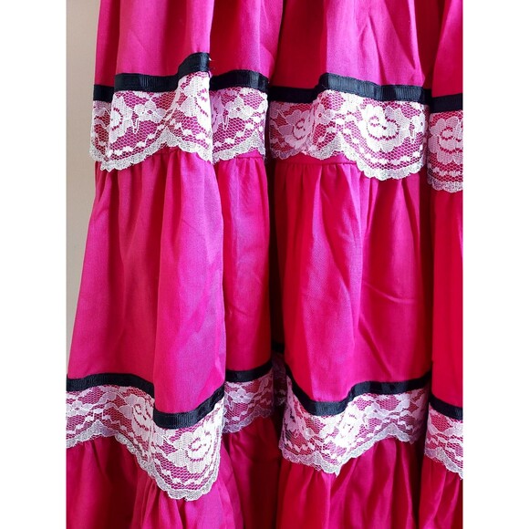 Vintage 70s Ladies Fusia Ruffles & Lace SS Square Dance Rockabilly Dress Size 14 - Picture 3 of 8